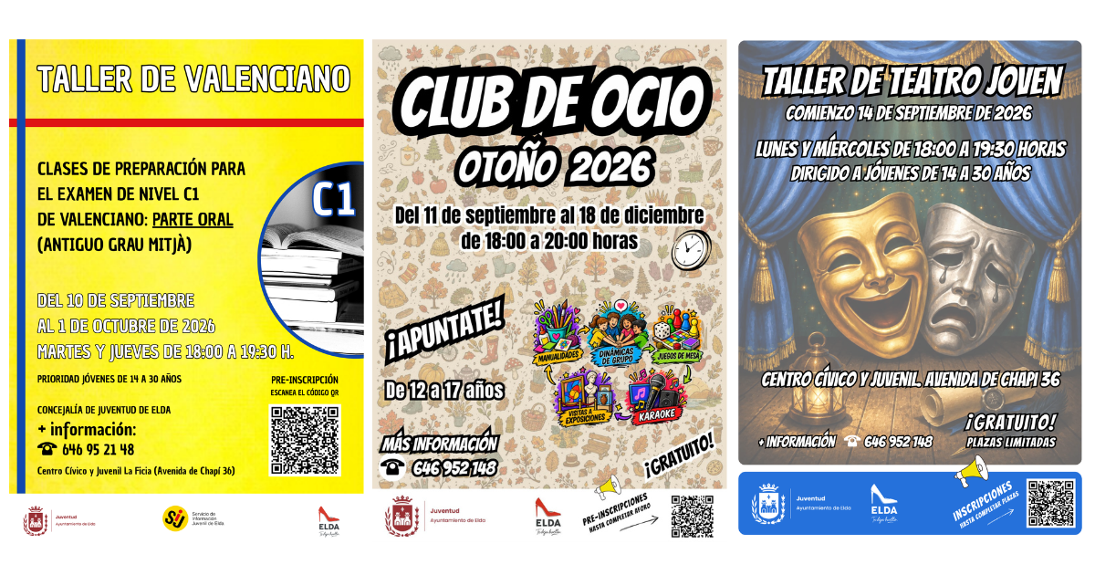 Cartel de los tres talleres que organiza la Concejalía de Juventud