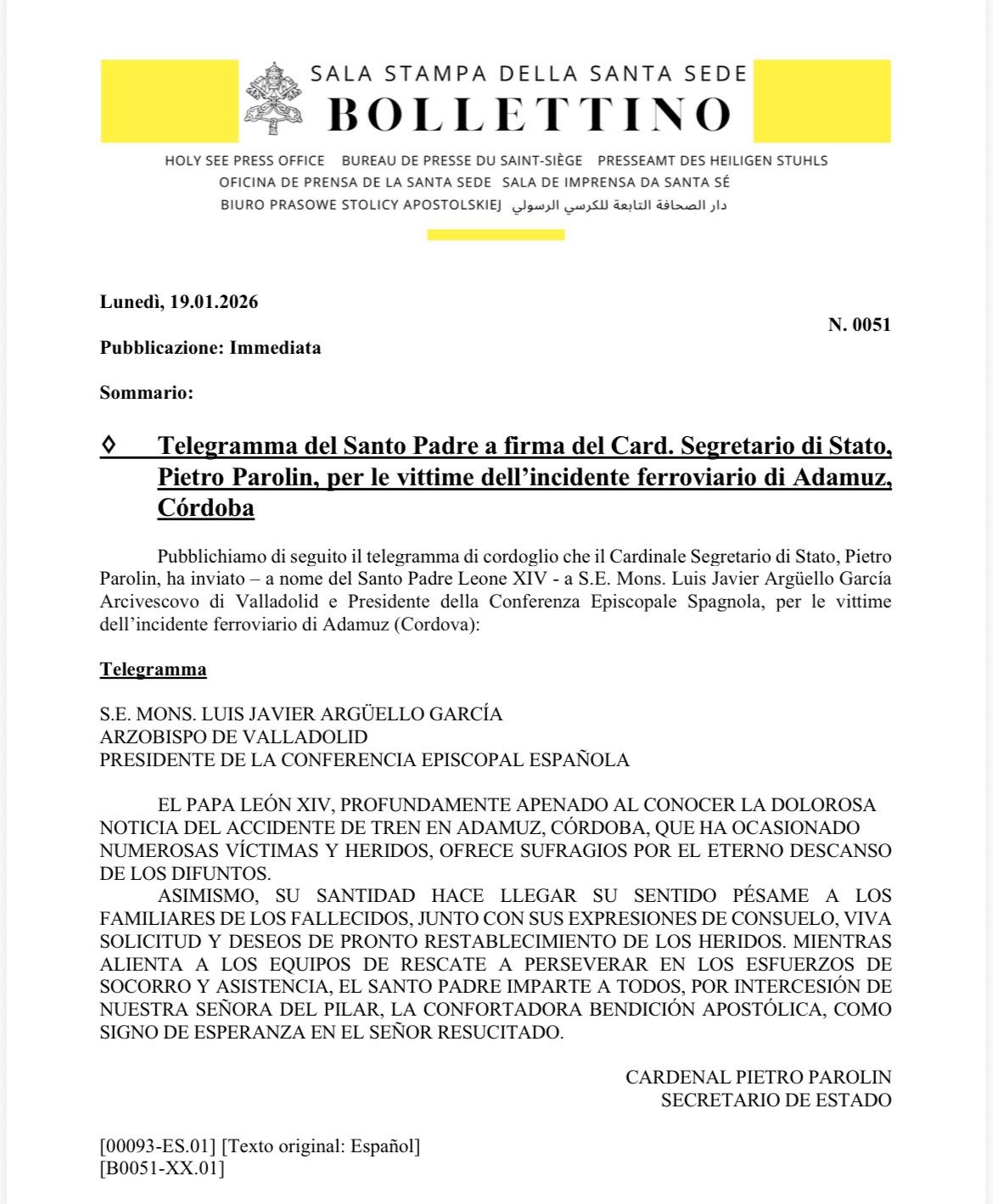 El papa León XIV se solidariza con las víctimas del accidente