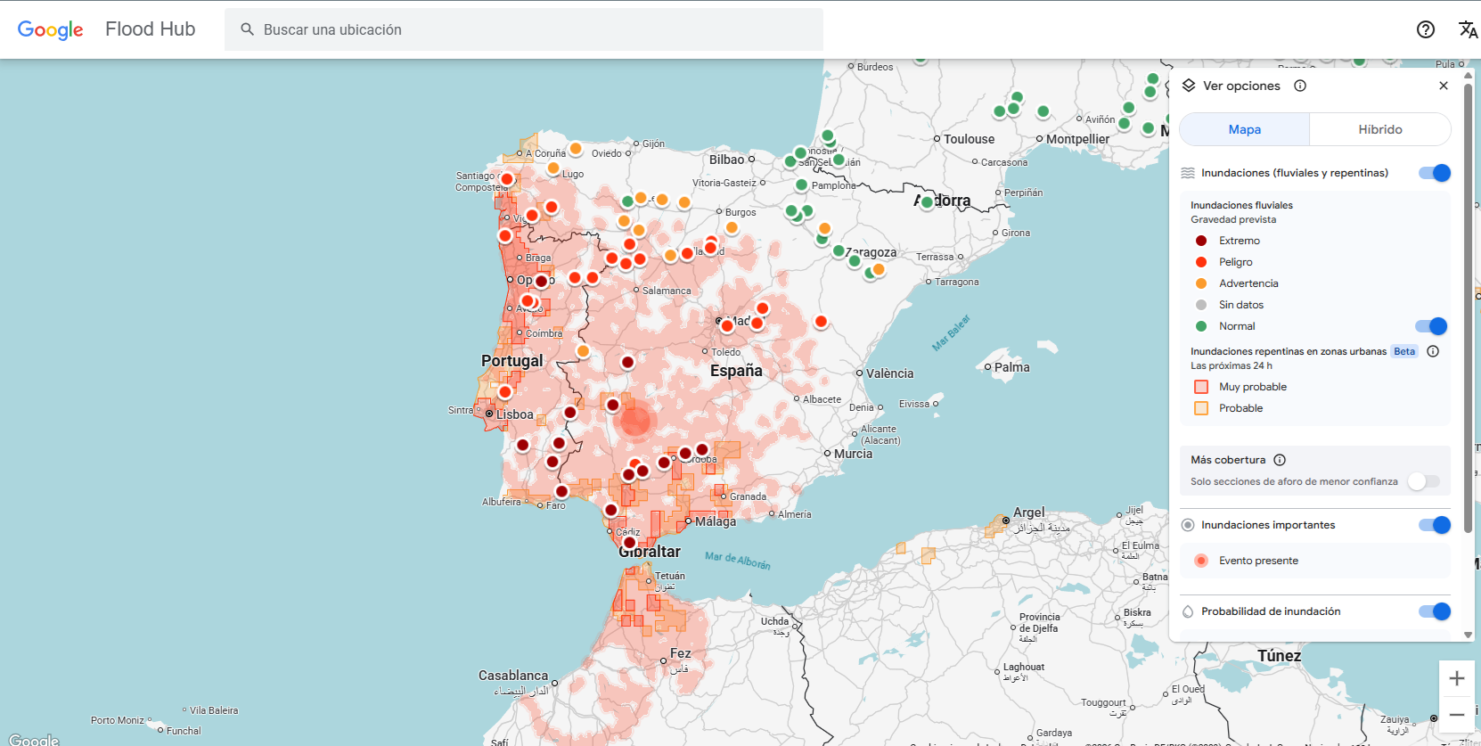 Mapa de Google Hub con las zonas en riesgo de desbordamiento (https://bit.ly/4rpNw4O)