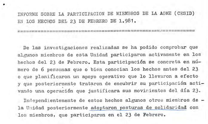 Fragmento del documento en el que se afirma que seis miembros del CESID "participaron activamente" en el intento de golpe de Estado y trataron de encubrirlo.