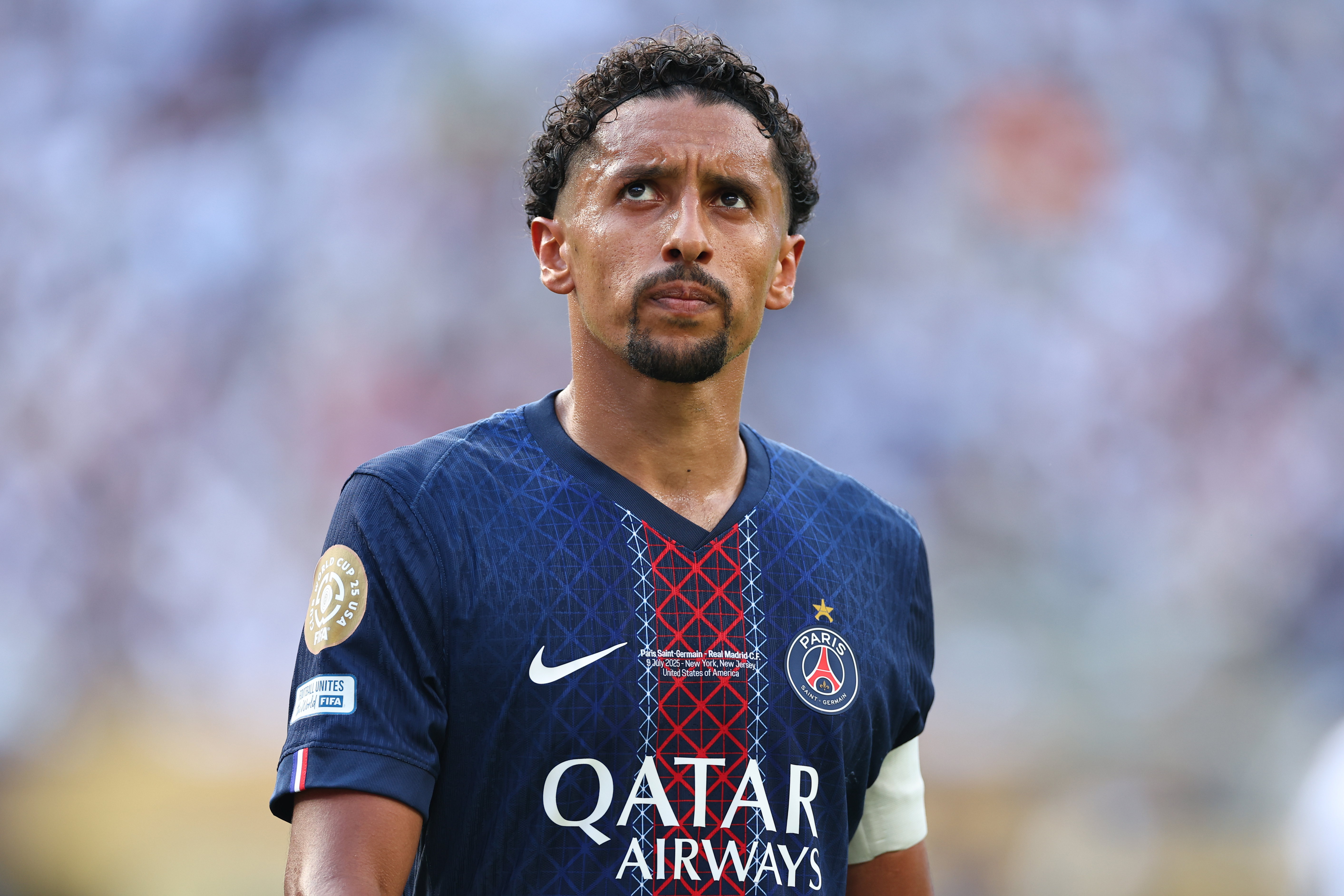EAST RUTHERFORD, NEW JERSEY - JULY 9: Marquinhos of Paris Saint Germain during the FIFA Club World Cup 2025 semi-final match between Paris Saint-Germain and Real Madrid CF at MetLife Stadium on July 9, 2025 in East Rutherford, United States. (Photo by Robbie Jay Barratt - AMA/Getty Images)