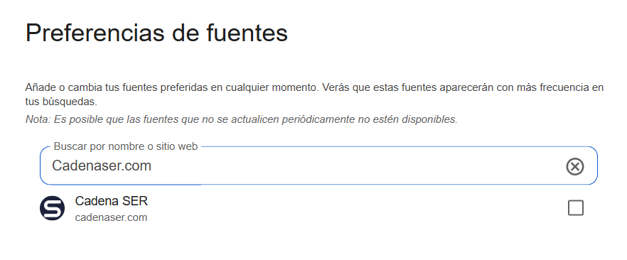 Así puedes seleccionar a la Cadena SER como tu fuente favorita.
