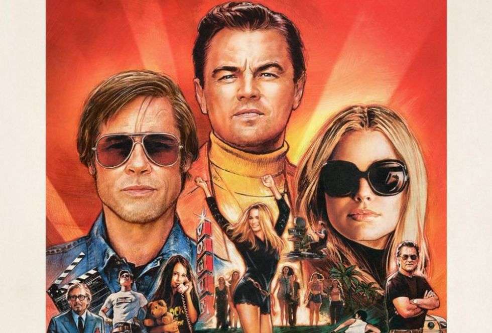 (De izq a der) Brad Pitt, Leonardo DiCaprio y Margot Robbie en el cartel promocional de &#039;Érase una vez en Hollywood&#039;