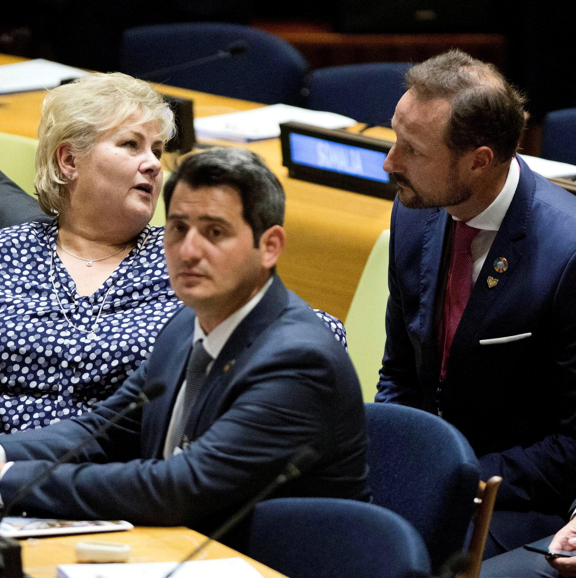 Statsminister Erna Solberg på toppmøte i FN om bærekraftsmålene i 2019, med kronprins Haakon som bisitter. Nå ber flere Erna ta grep om bærekraftsmålene også her hjemme. Foto: Pontus Höök/NTB