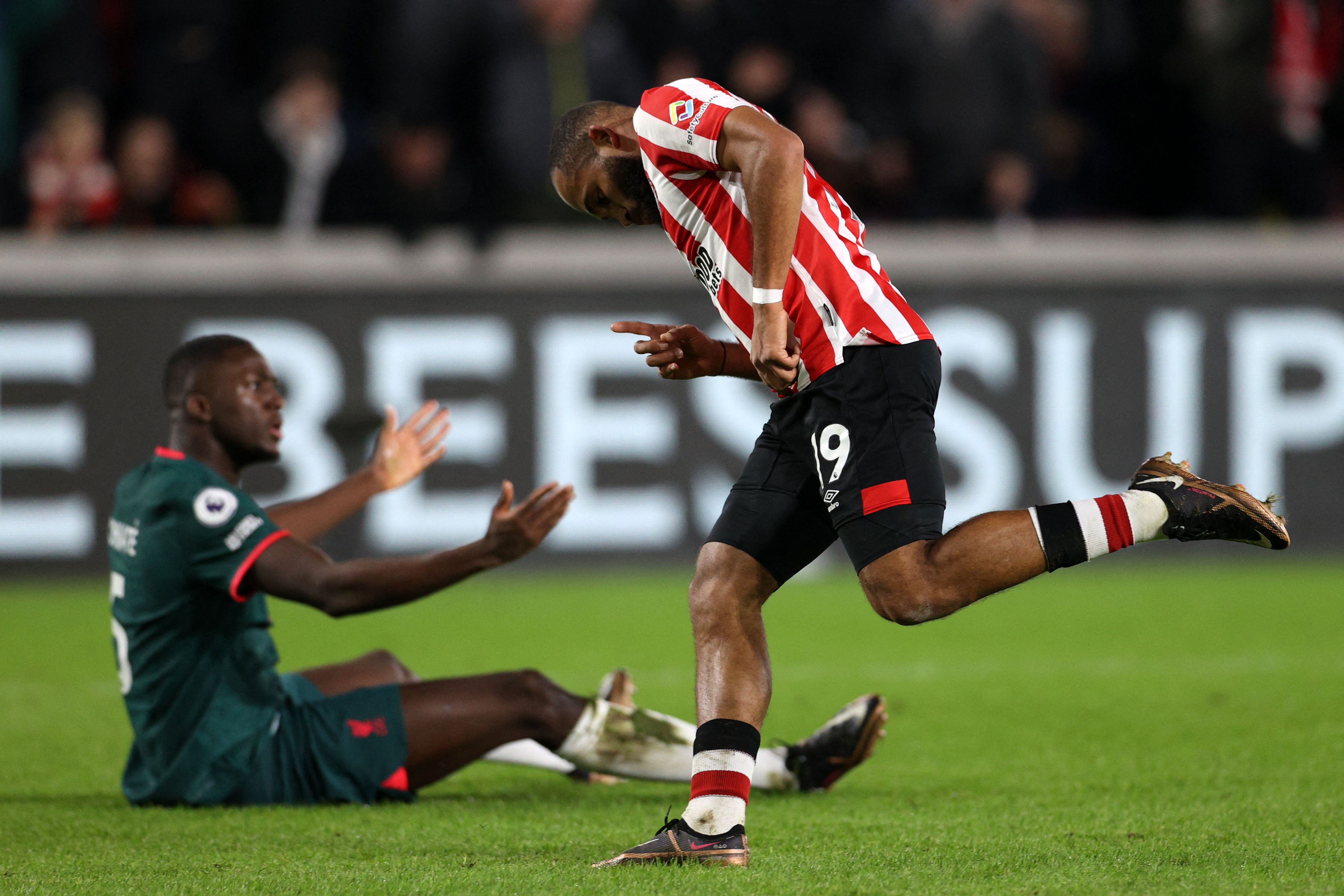 Brentford's Bryan Mbeumo celebrates after scoring. AFP