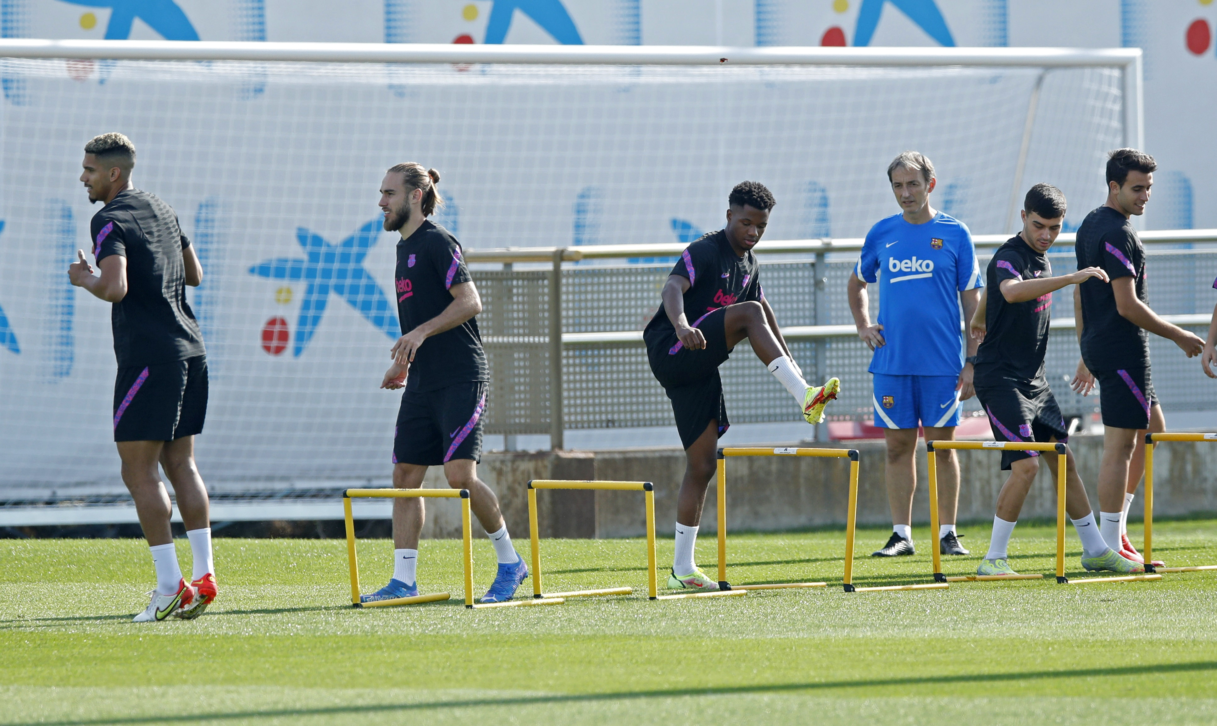 Barcelona's Ronald Araujo, Oscar Mingueza and Ansu Fati. Reuters