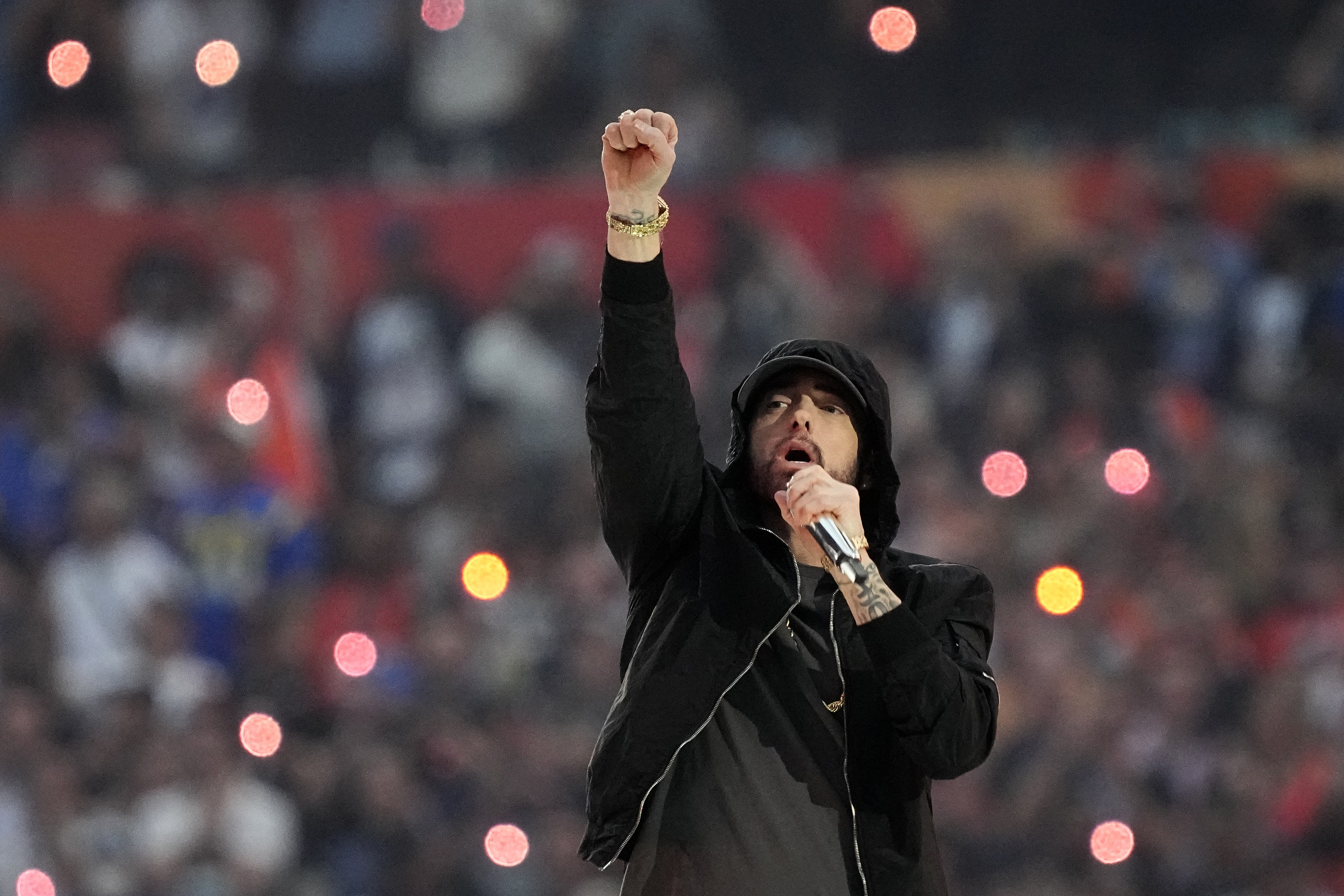 Eminem takes a knee during the Super Bowl halftime show : NPR