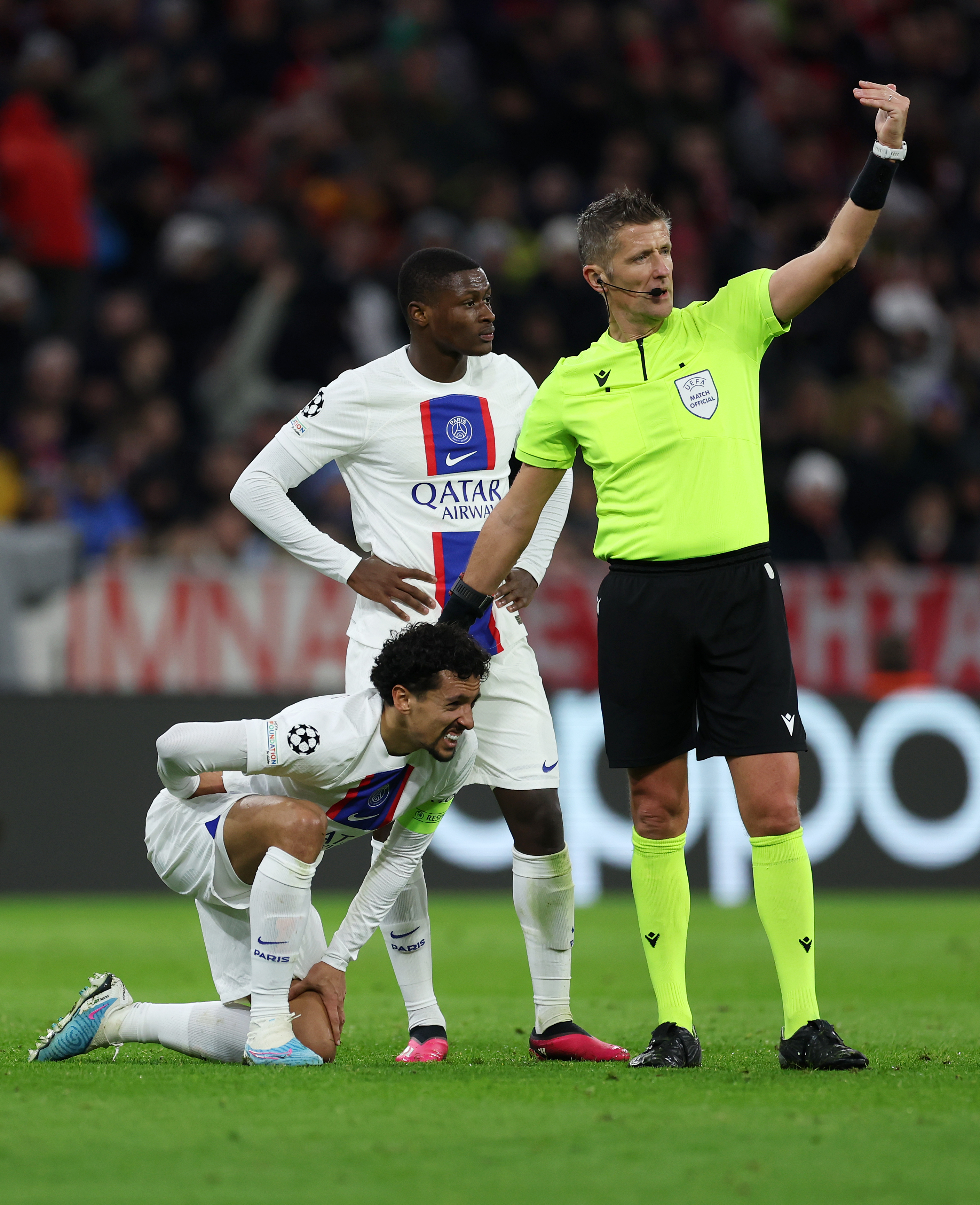 Marquinhos: 7: Looked in real discomfort with rib problem in first half and was substituted after 35 minutes. Had looked solid before then with Choupo-Moting and Muller causing little problems. Getty