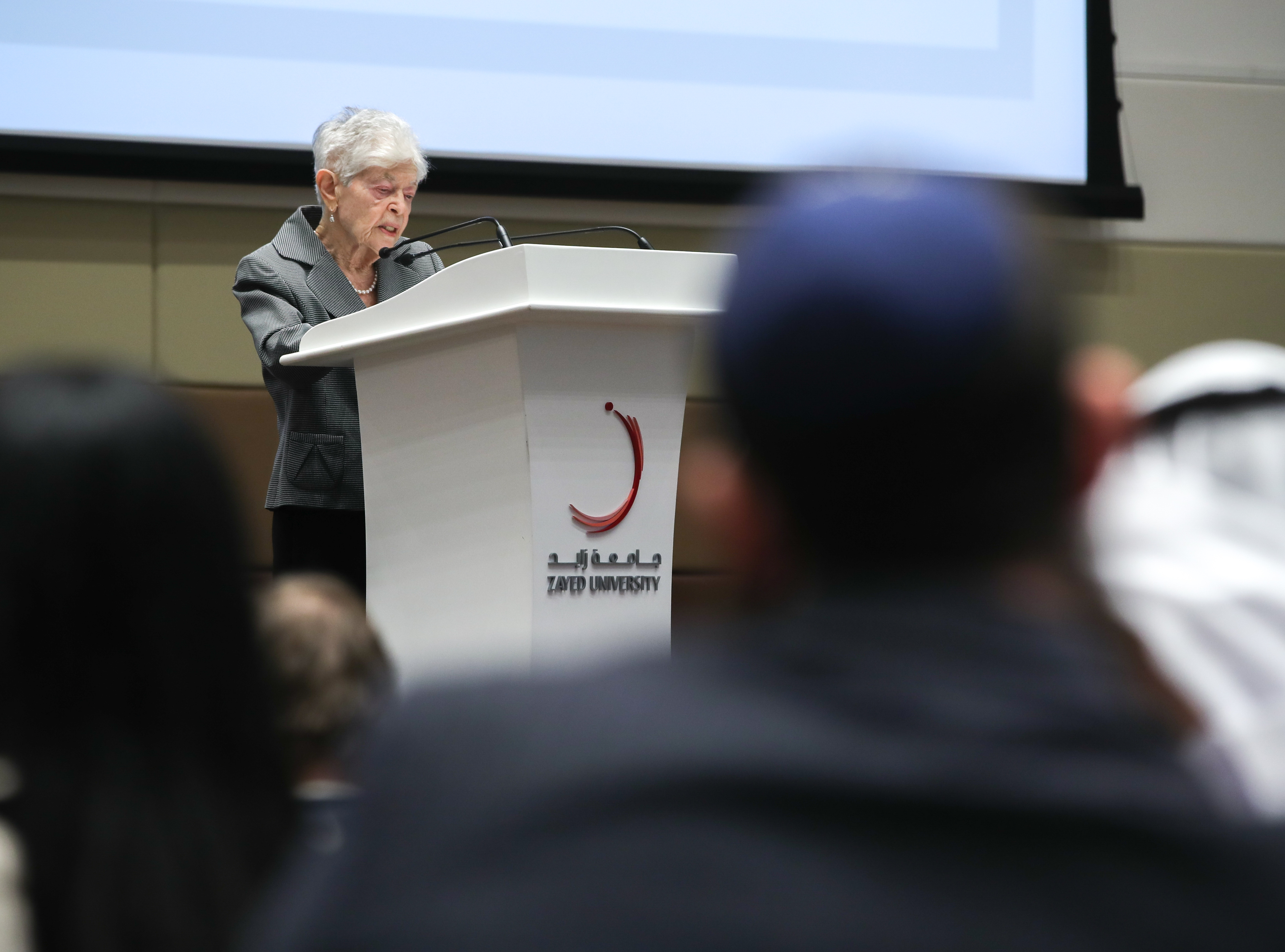 Holocaust survivor Ruth Cohen shares her story at a Holocaust remembrance event at Zayed University, Abu Dhabi. Victor Besa / The National