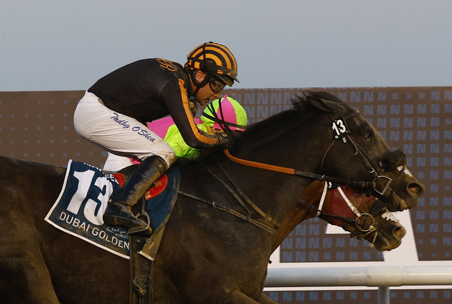 Tadhg O'Shea on Switzerland is narrowly beaten by Ryan Moore on Sibelius in this year's Dubai Golden Shaheen. Reuters