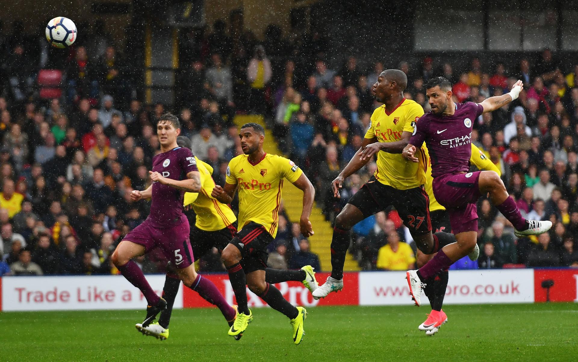 Sergio Aguero scores his side's first goal during the Premier League match between Watford and Manchester City at Vicarage Road on September 16, 2017 in Watford, England. Getty Images