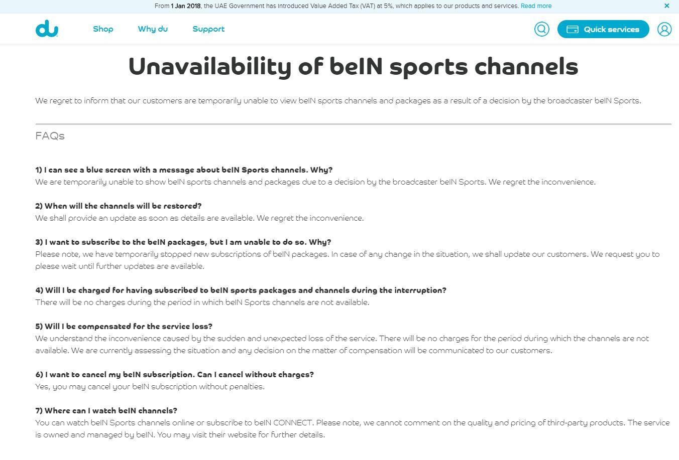 beIN Sports channels unavailable on du after sudden and unexpected loss of the service