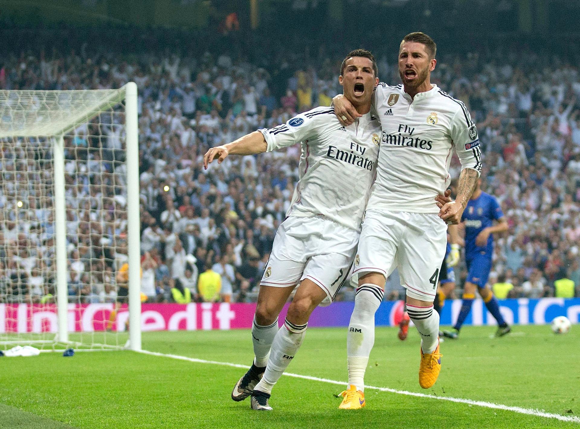Cristiano Ronaldo and Sergio Ramos after scoring the opening goal in the Champions League semi-final second leg against Juventus in 2015.
