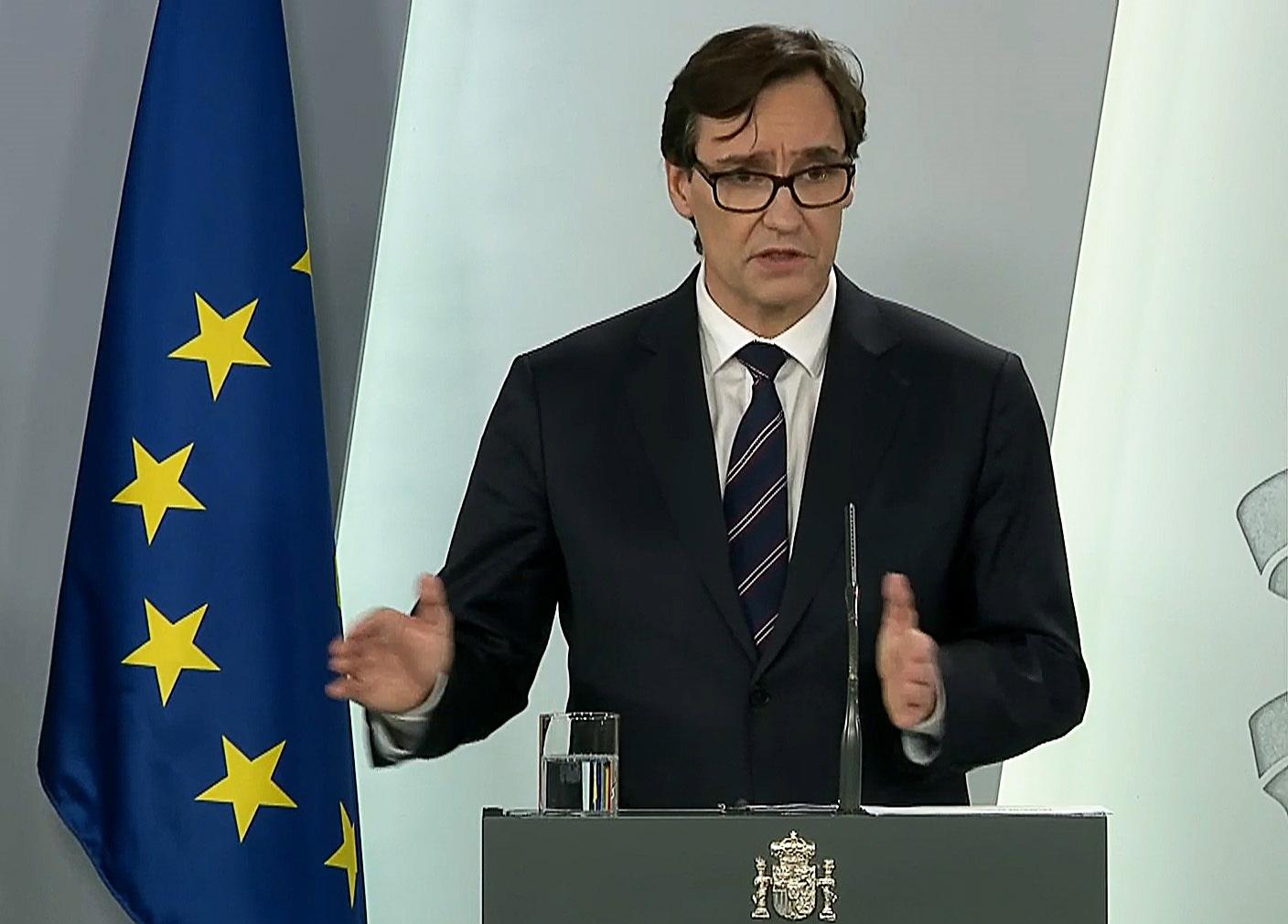SPAIN: A handout photo from the Spanish Government showing Spanish Health Minister Salvador Illa speaking during a press conference at Moncloa Presidential Palace in Madrid on April 19, 2020. EPA
