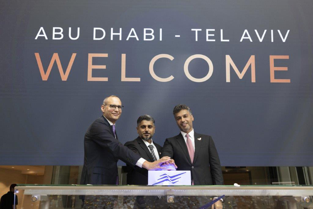 Ittai Ben Zeev, chief executive of Tel Aviv Stock Exchange, Ahmed Al Zaabi, chairman of ADGM and Mohamed Al Khaja, UAE Ambassador to Israel, at the opening bell ceremony of Tel Aviv Stock Exchange on Tuesday. Photo: ADGM