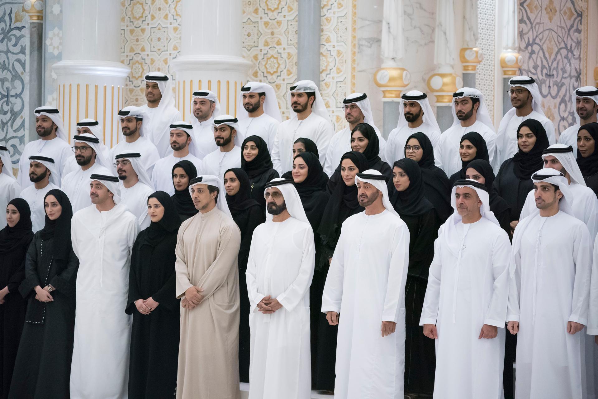 Sheikh Mohammed bin Rashid and Sheikh Mohamed bin Zayed stand for a photograph after signing a piece of the Hope Probe. Seen with Sheikh Saif bin Zayed, Deputy Prime Minister and Minister of Interior; Sheikh Mansour bin Zayed, Deputy Prime Minister and Minister of Presidential Affairs; Sarah Al Amiri; and Sheikh Abdullah bin Zayed, Minister of Foreign Affairs and International Co-operation. Hamad Al Kaabi / Ministry of Presidential Affairs