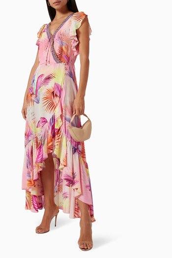 She's a waterfall hot pink floral print ruffled maxi on sale dress