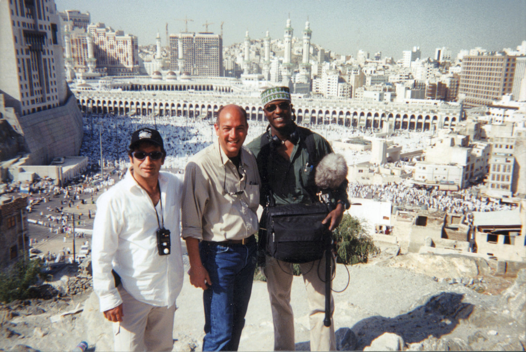 Omar Al Qattan at Mecca with crew members during the filming of 'Muhammad Story of a Prophet' in 2000. Courtesy Omar Al Qattan