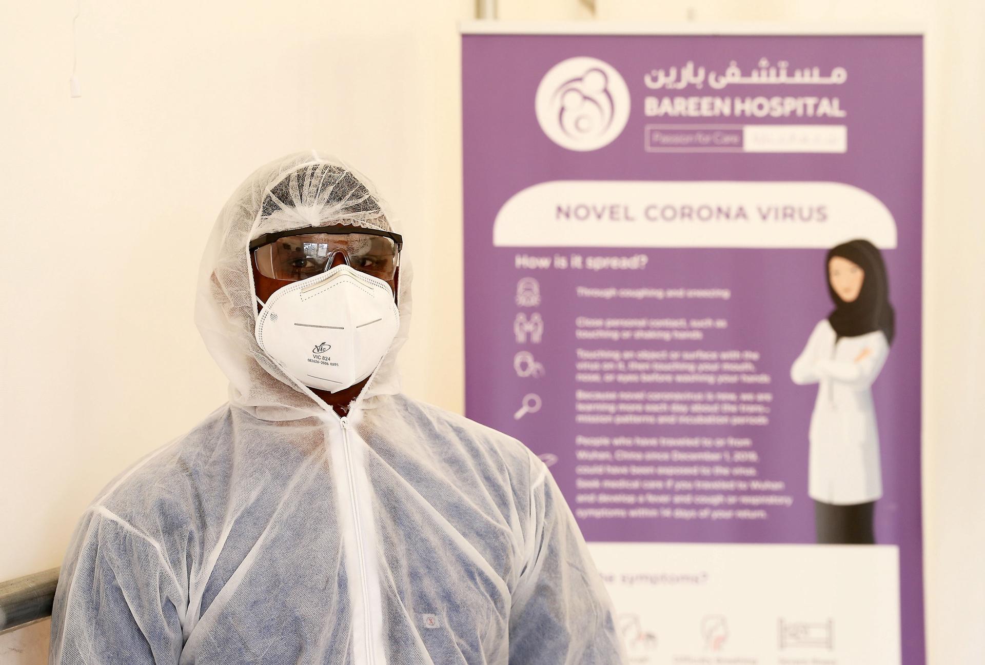 Nurse Nikhil Rajendran inside the fever clinic at the Bareen International Hospital in Mohamed Bin Zayed City in Abu Dhabi. Pawan Singh / The National
