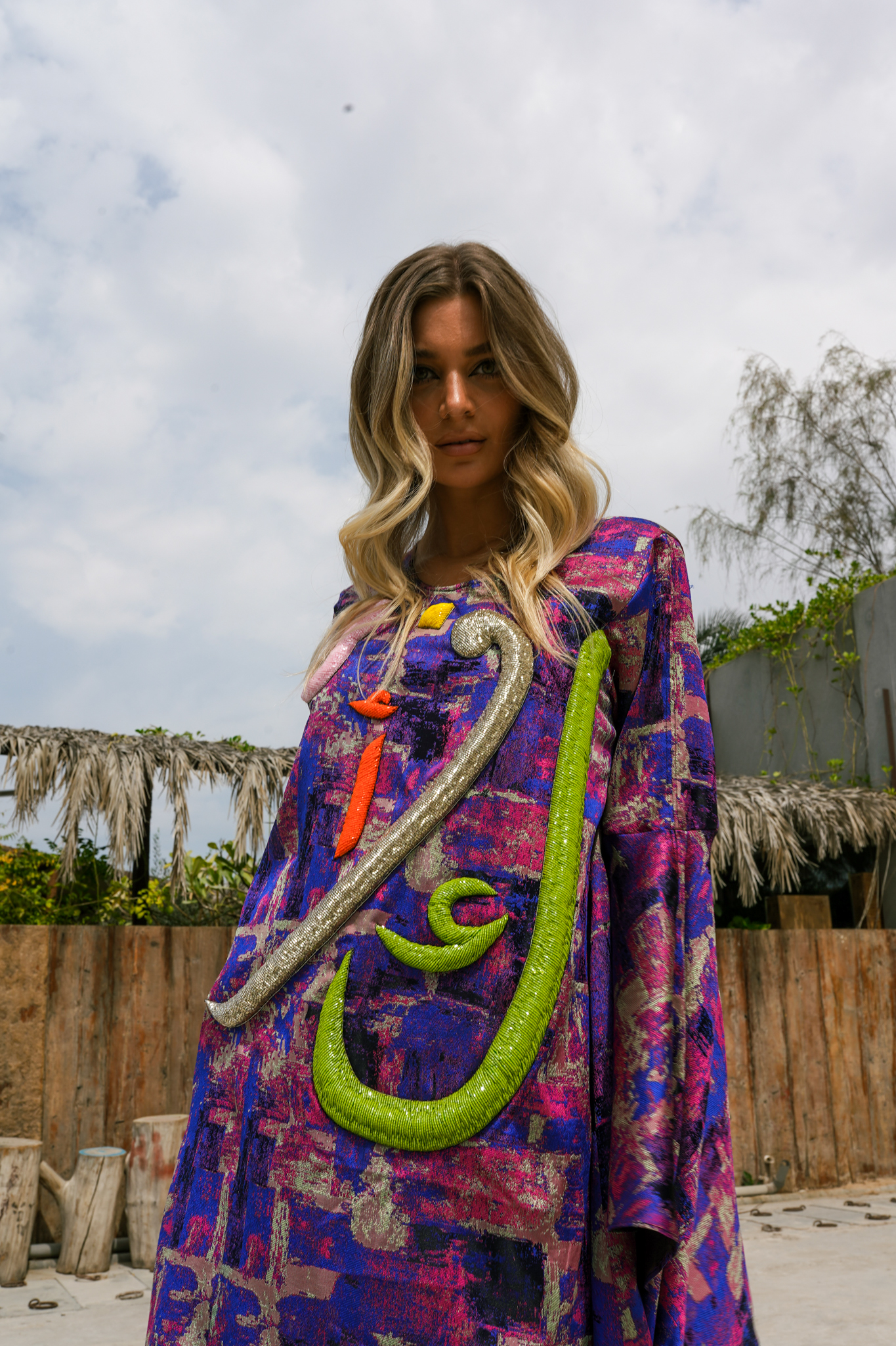 white christmas dresses Designer Kaftan Flowy Arabic Dress with Hand Embroidery and Block Print XS / 60 Inches / No Scarf main image 1