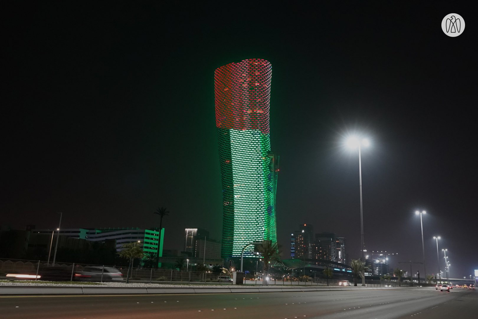 Capital Gate in Abu Dhabi lights up with the colours of the UAE flag on November 3. Courtesy: Abu Dhabi Government Media Office