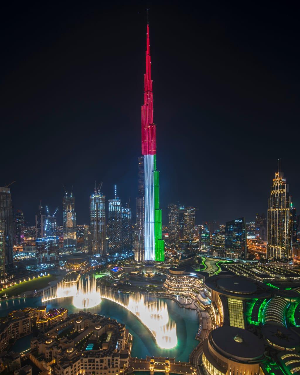 Burj Khalifa lights up with the colours of the UAE flag to celebrate Flag Day on Tuesday. Courtesy: Dubai Media Office
