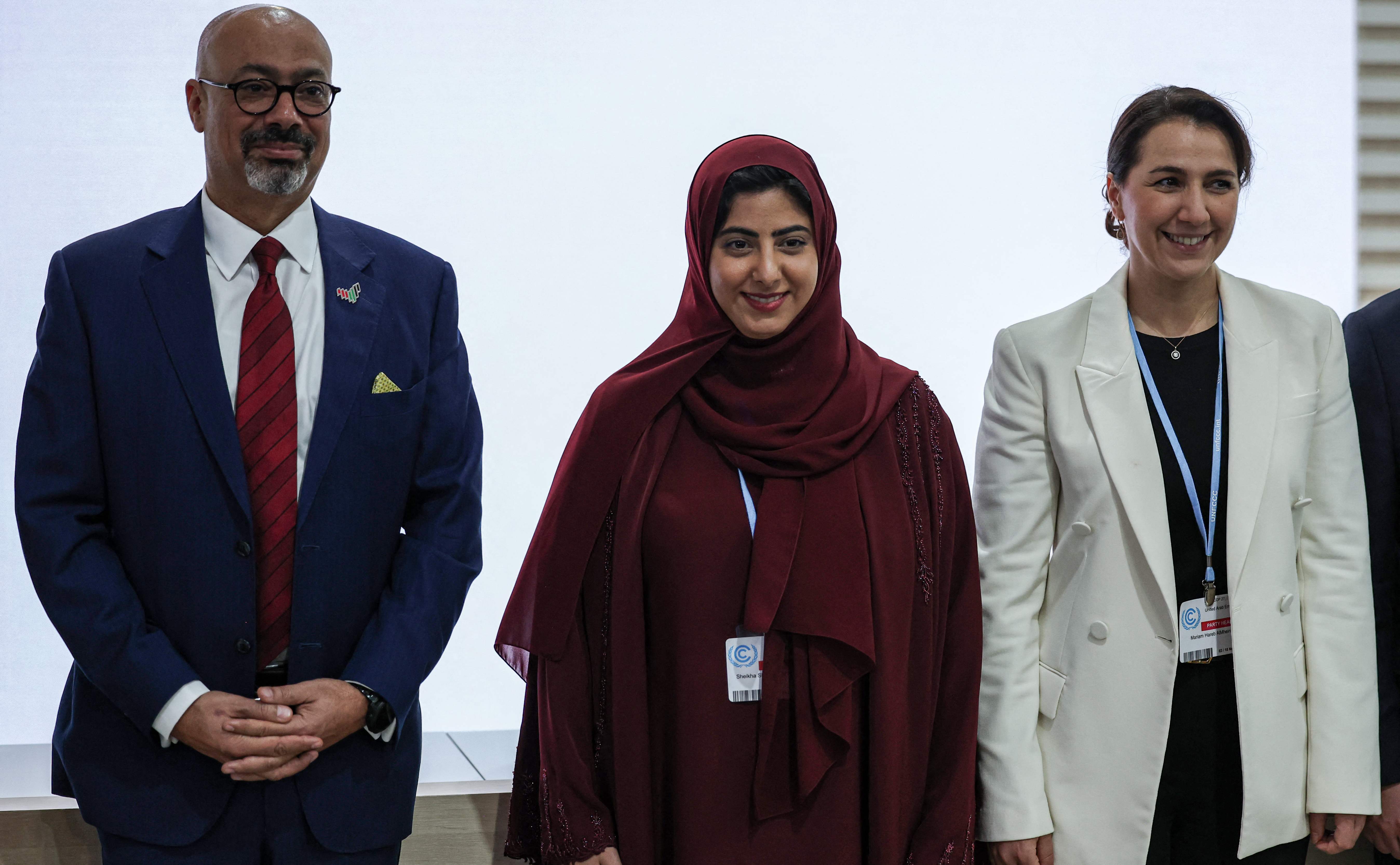 Sheikha Shamma bint Sultan, CEO of the Alliances for Global Sustainability; Mariam Al Mheiri, Minister of Climate Change and Environment and Minister of State for Food Security; and Hatem Dowidar, group CEO at e&. AFP