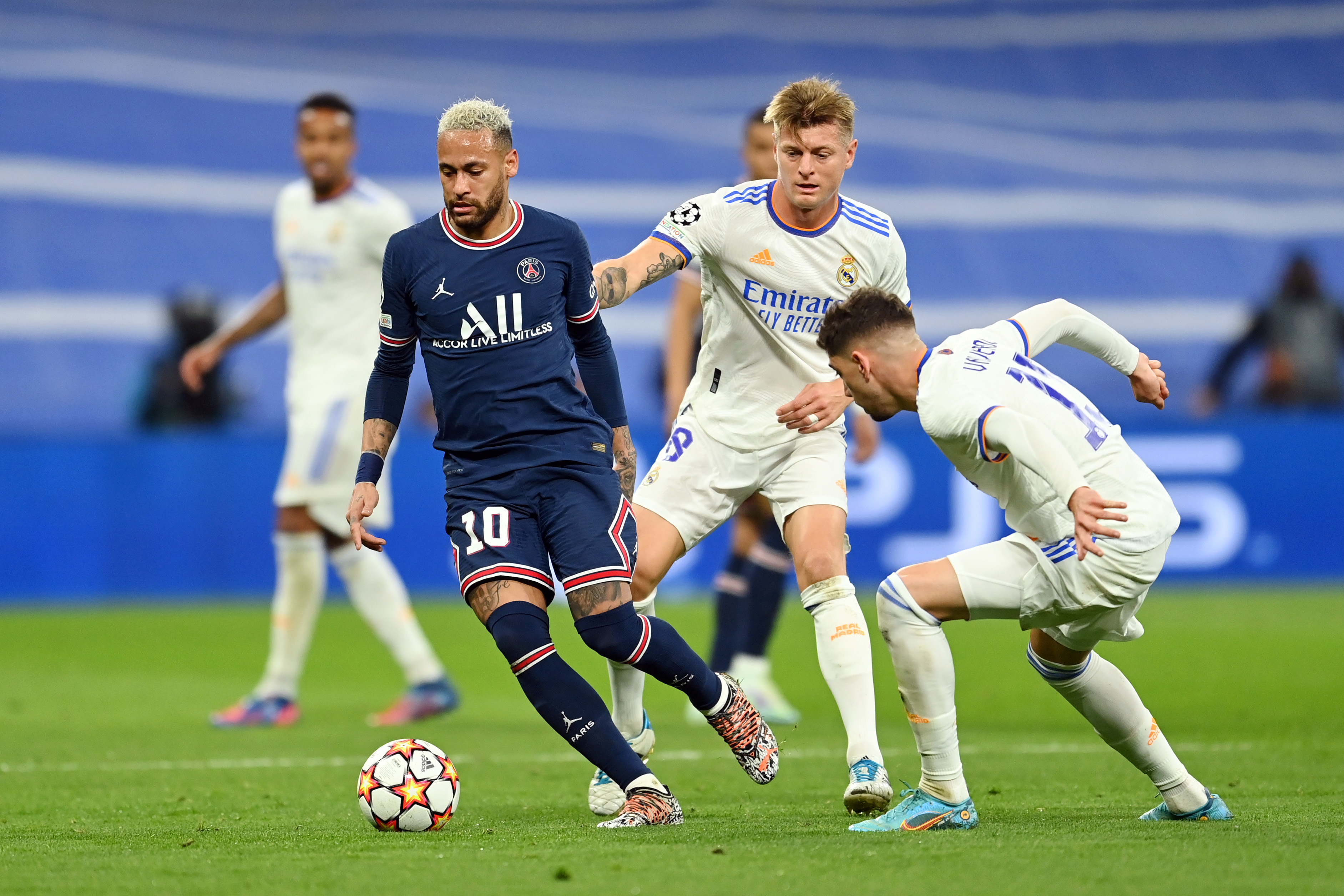 Karim Benzema of Real Madrid warms up before the UEFA Champions League,  Round of 16, 2nd leg football match between Real Madrid and Paris  Saint-Germain (PSG) on March 9, 2022 at Santiago