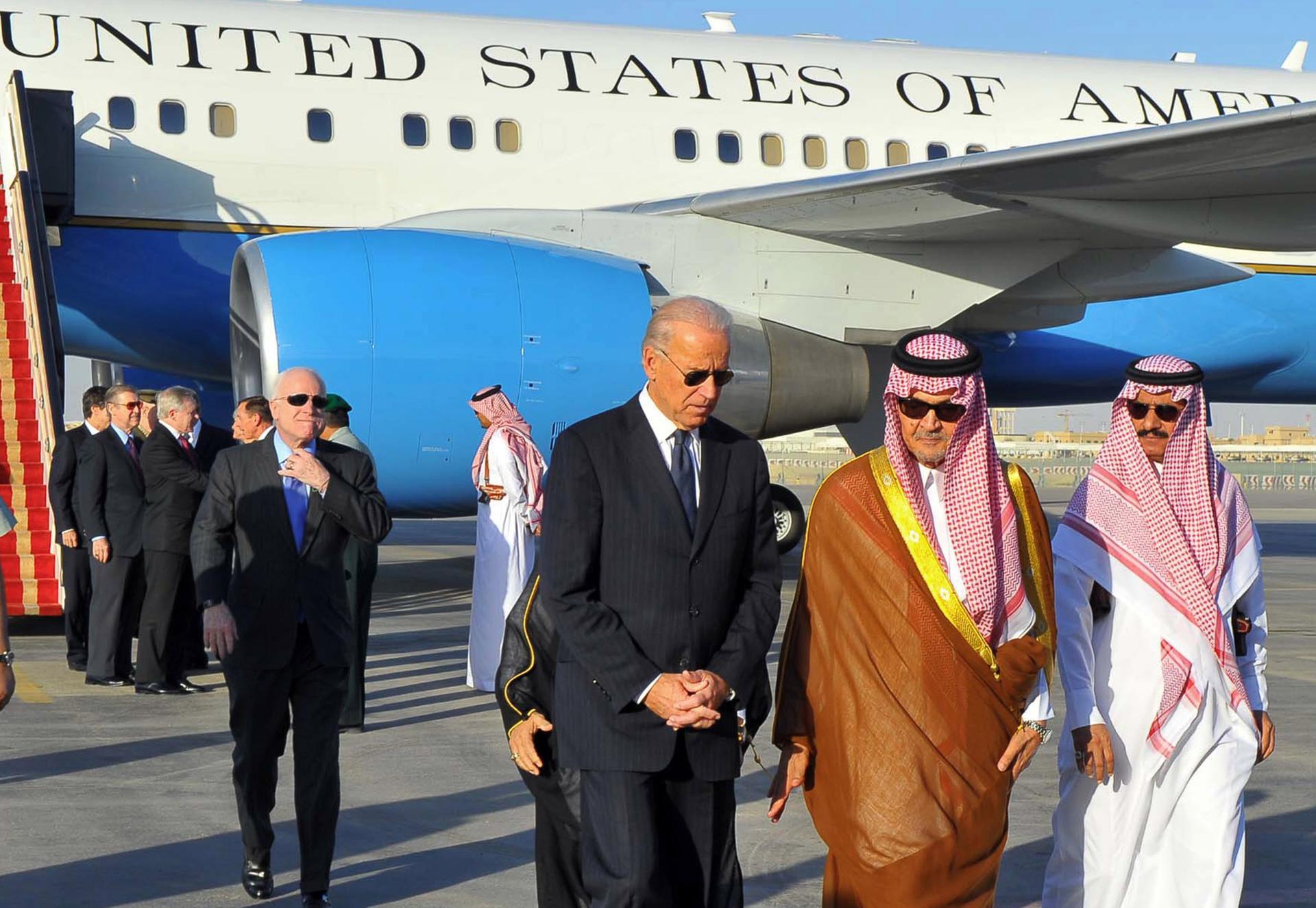 Saudi Foreign Minister Prince Saud al-Faisal welcomes US Vice President Joe Biden at the Riyadh airbase in 2011. AFP