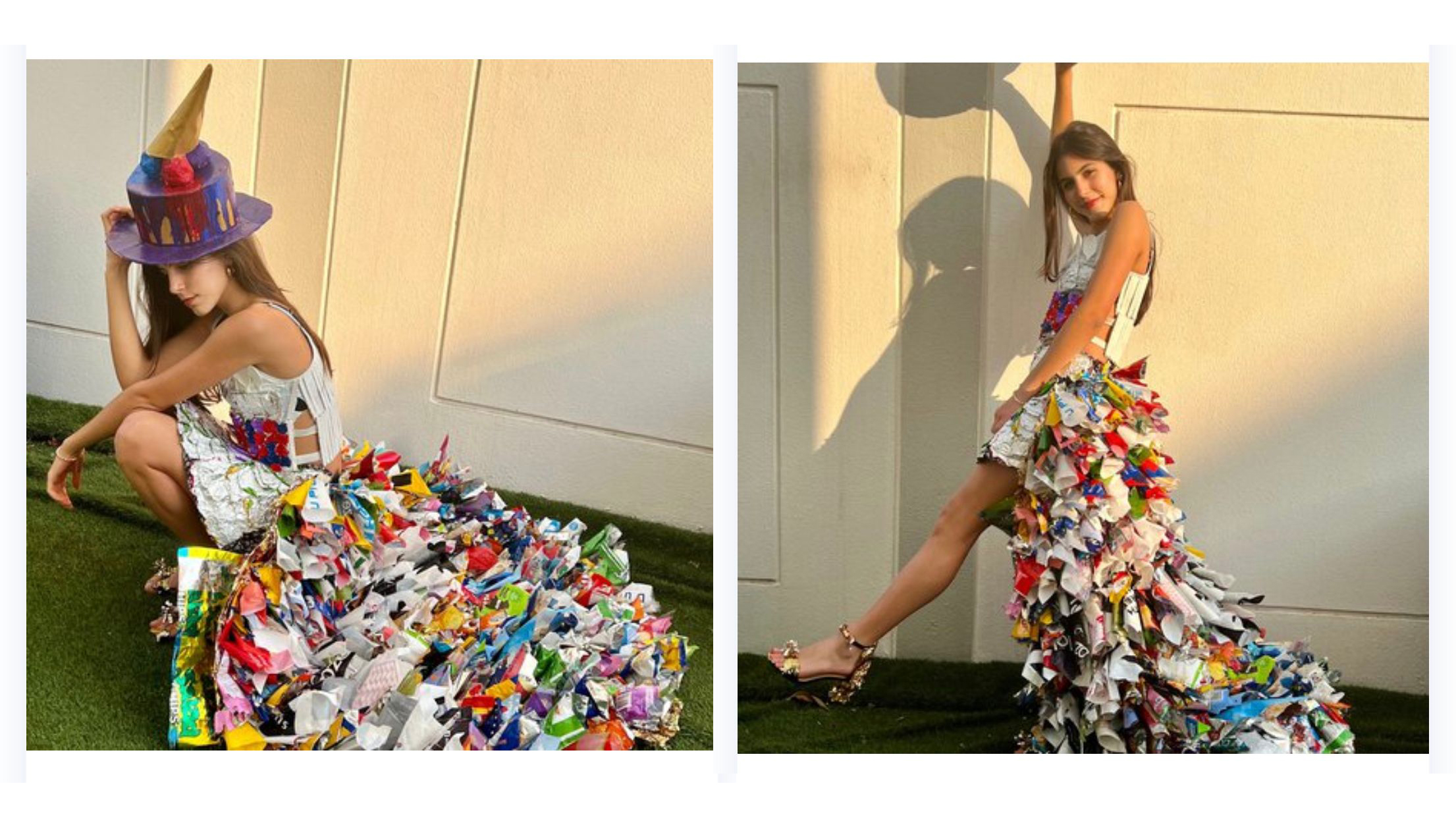 Grade 8 student Mia El Mougharbel wearing the sustainable dress she co-created with her peers from Swiss International School Dubai for Junk Kouture, London