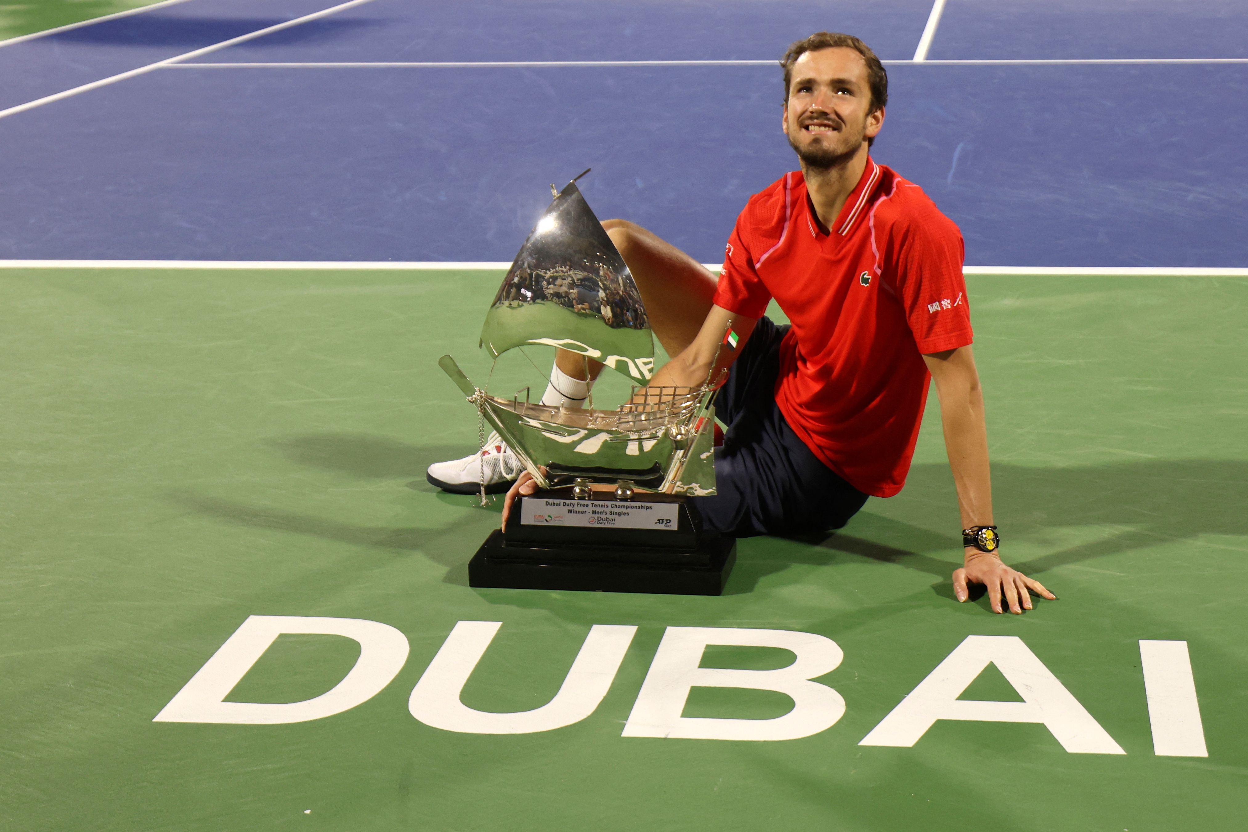 DUBAI, UAE, 4th March 2023. 2022 champion Andrey Rublev in action during  the men's singles final of the Dubai Duty Free Tennis Open Championships.  3rd seed Daniil Medvedev defeated Rublev 6-2, 6-2