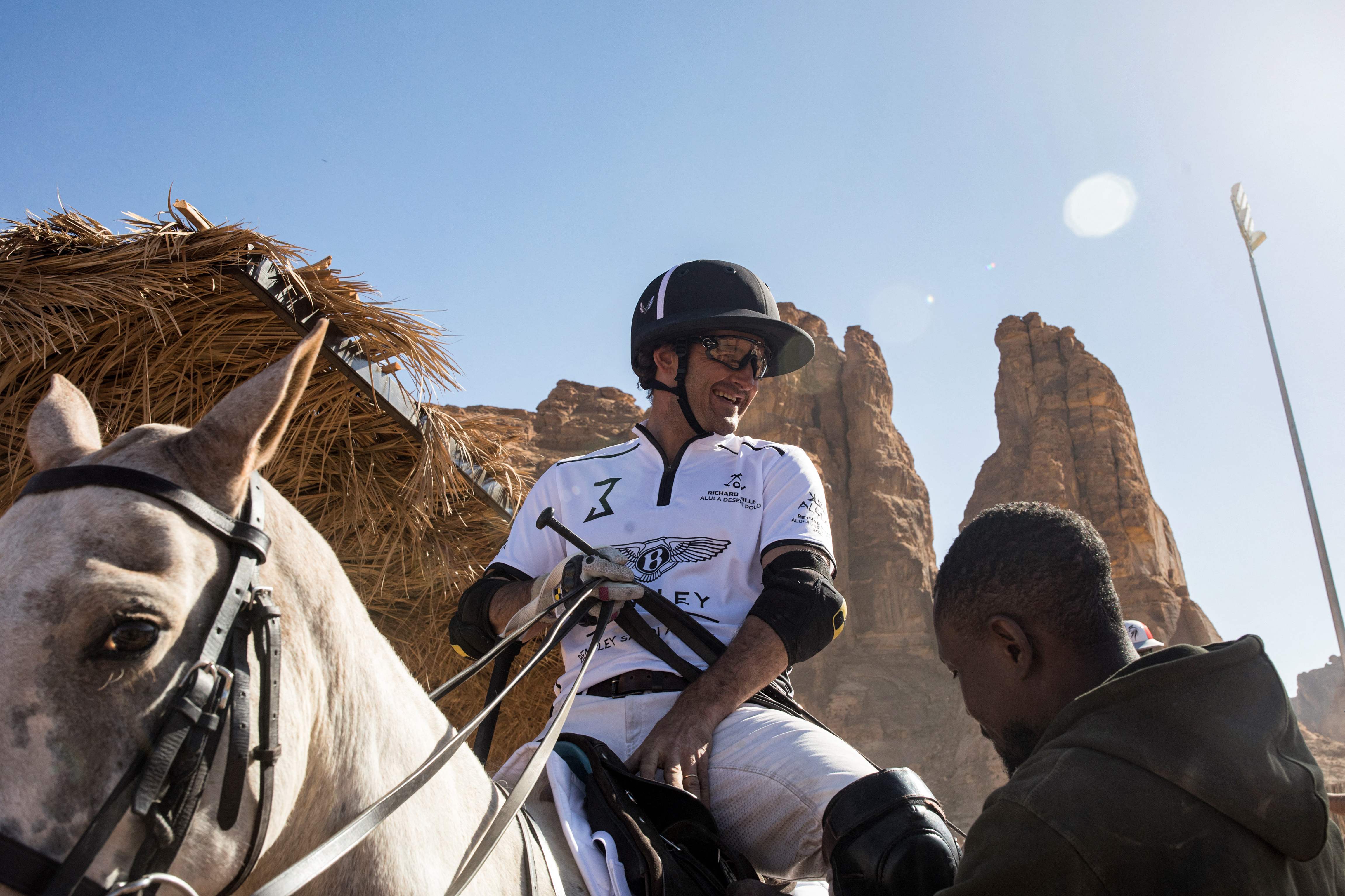 David Stirling on his mount ready for a match in the desert of AlUla.