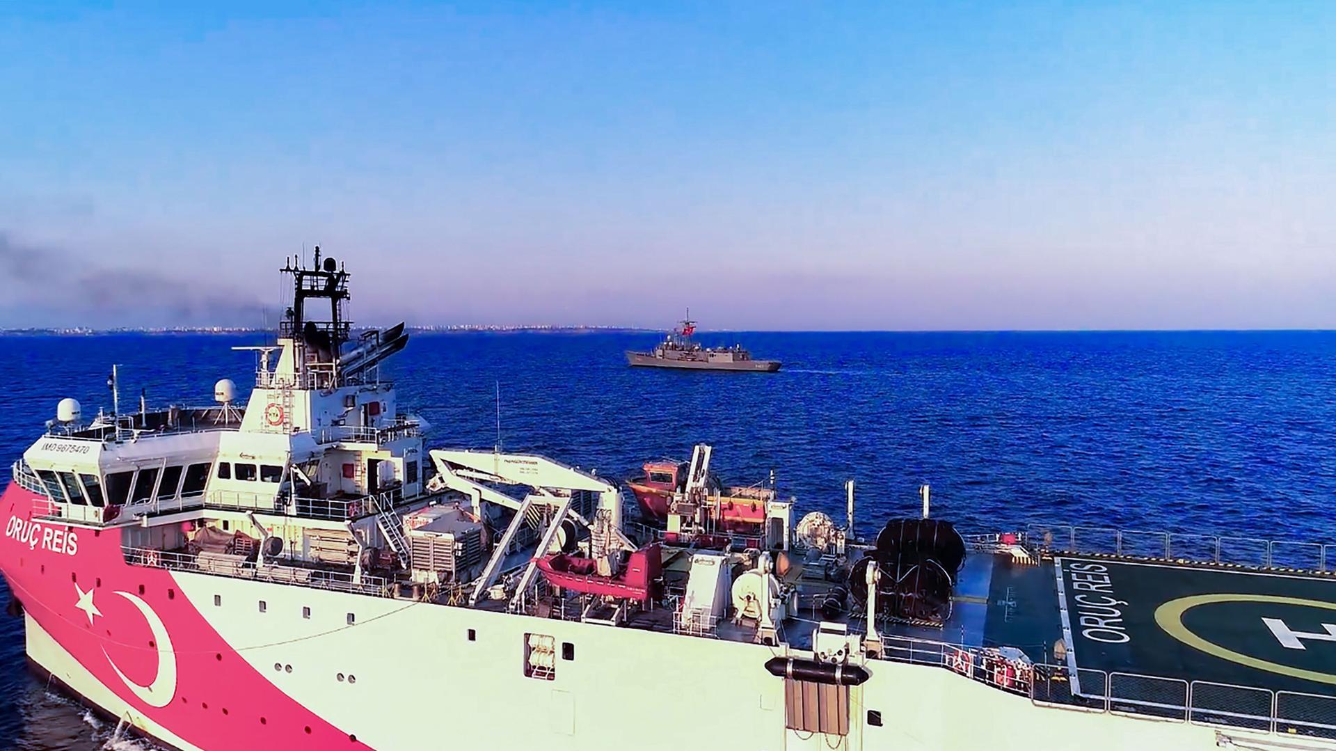 The Turkish seismic research vessel 'Oruc Reis' heading west of Antalya in the Mediterranean Sea. Turkish Defence Ministry/AFP