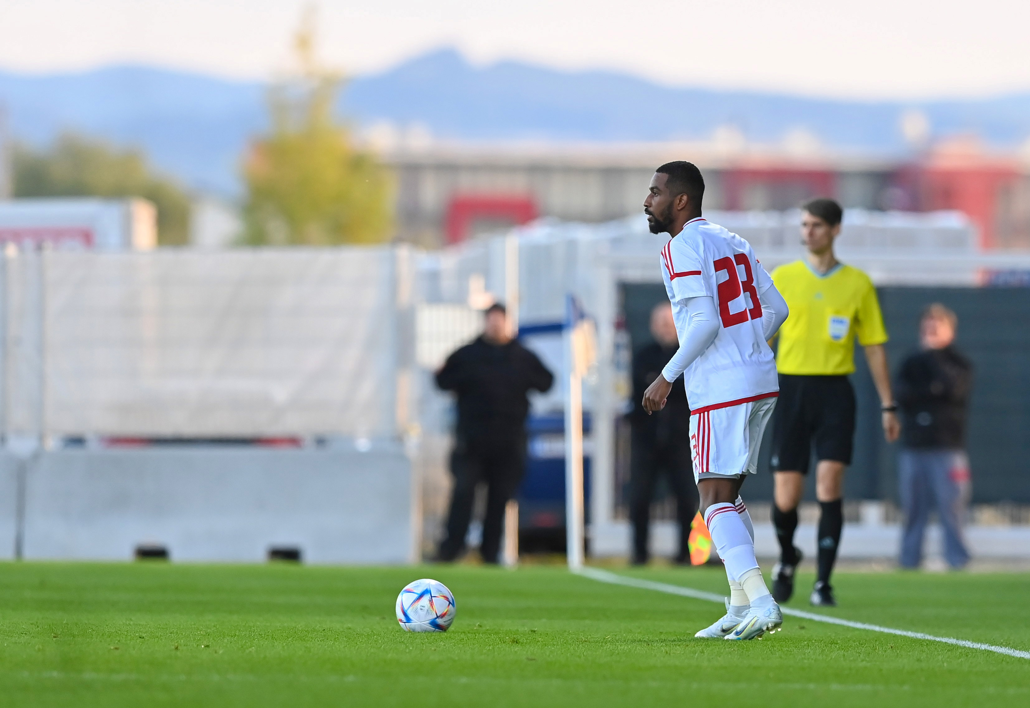 Abdulaziz Hussain on the ball during the UAE's friendly against Paraguay in Austria. Photo: UAE FA